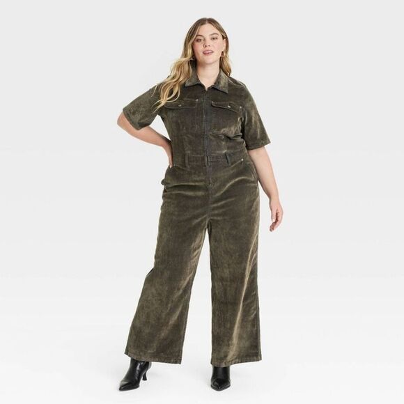 Universal Thread - Women's Holiday Short Sleeve Flocked Denim Jumpsui Olive - Picture 1 of 3